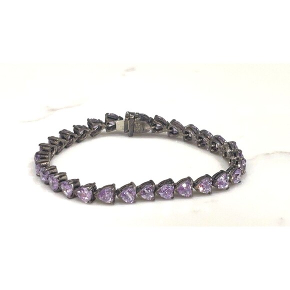 Vintage Sterling Silver Bracelet Purple Glass Heart Stones Signed 7" - Picture 9 of 14